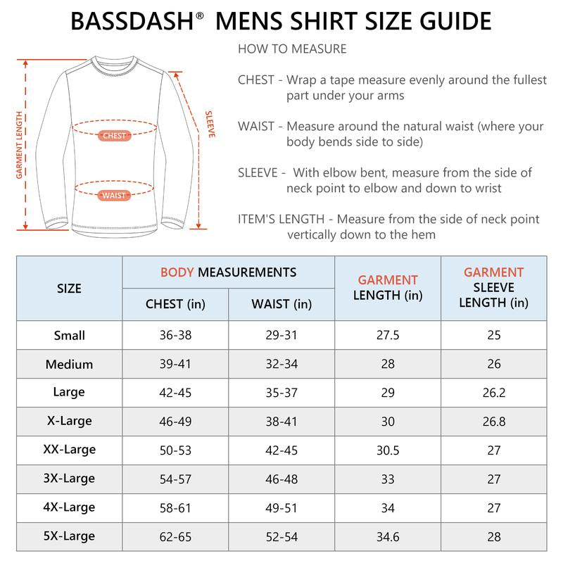 BASSDASH Men’S UPF 50+ Sun Protection Long Sleeve Shirts Quick Dry Performance SPF UV Shirt for Outdoors Fishing Hiking FS31M